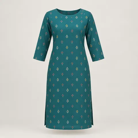 Rangdhonu Wear Teal Printed Cotton Kurti, Size M
